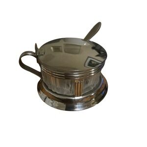 Mid Century Sugar Bowl Stainless Steel and Class with spoon Diner 1950s